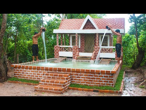 Buildding Amazing Pretty Brick Swimming Pool And Modern Two Story House Villa Design In Forest