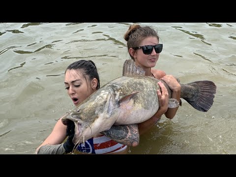 Catfish Noodling! Hannah Barron & Heather Lynn (Finger was not broken!)